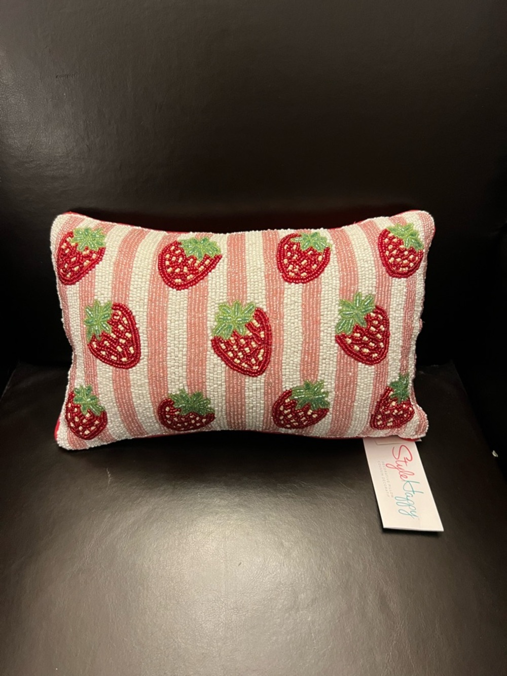 Beaded Strawberry Decorative Pillow - Pink & Red